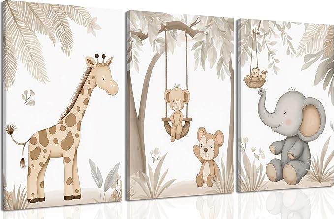 3Pcs Woodland Animal Nursery Canvas Wall Art Neutral Safari Animal Jungle Paintings Pictures Wall Decor Giraff Monkey Elephants Watercolor Poster Printing Artwork for kids room Home Decoration