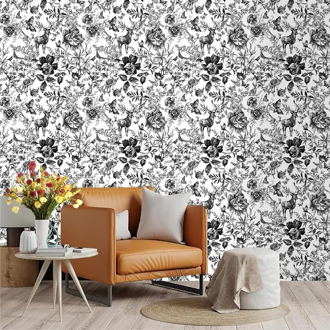 Black and White Vinyl Wallpaper, Removable Floral Wallpaper, 118.1''X17.71'', 14.5 sq.ft, Furniture Wall Shelf Drawer Liner
