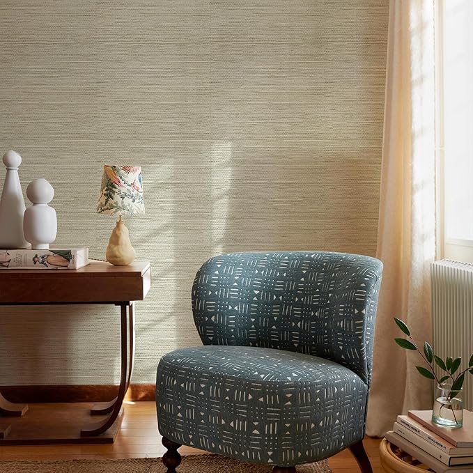 Grasscloth Peel and Stick Wallpaper 17.3" x 197" Renter Friendly, Cream Textured Grassweave Wallpaper Self Adhesive Removable for Bathroom Bedroom