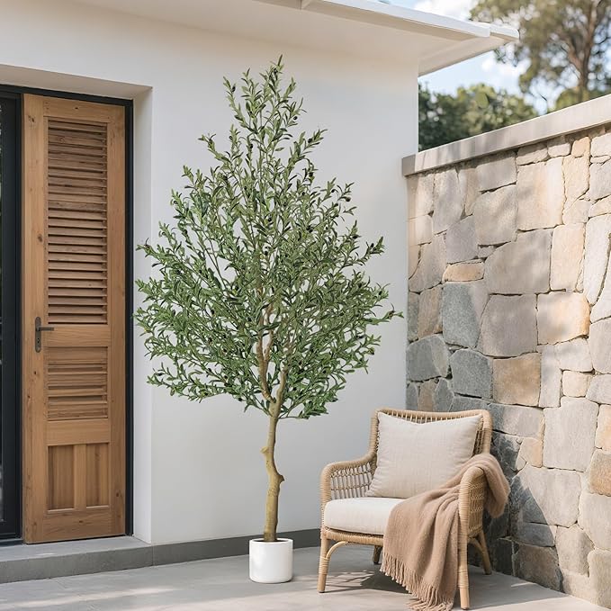 WILDLOVE 8ft Olive Trees Artificial Indoor, Natural Olive Branches and Realistic Leaves, Faux Olive Tree with Lifelike Fruits and Planter, Housewarming Gifts for Home Office Decor