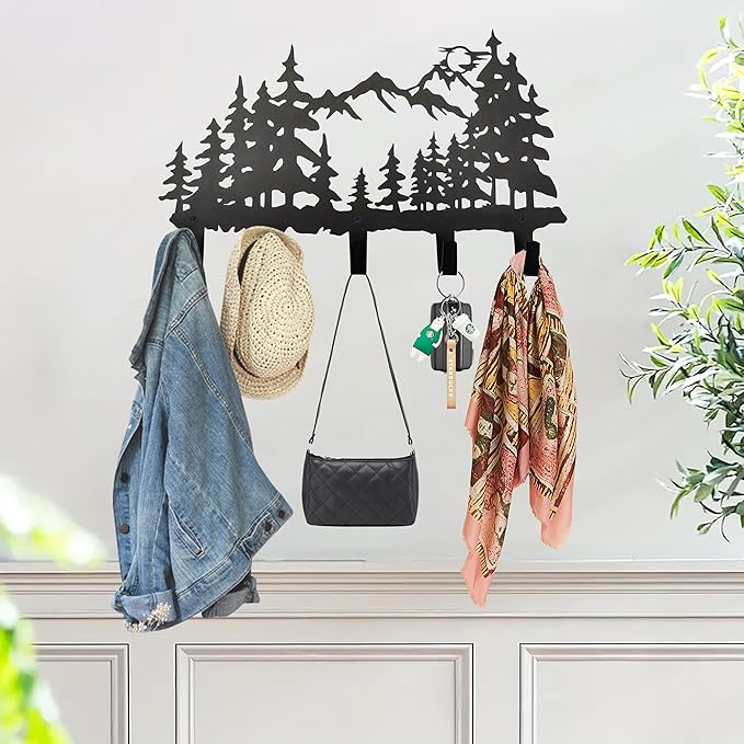 Metal Tree Coat Hooks Wall Art Decor-Tree Hangers and Key Holder-Clothes Rack and Backpack Hanger-Forest Theme Hooks Sweet Home Decor for Storage, Living Room, Hallway, Office (Black)