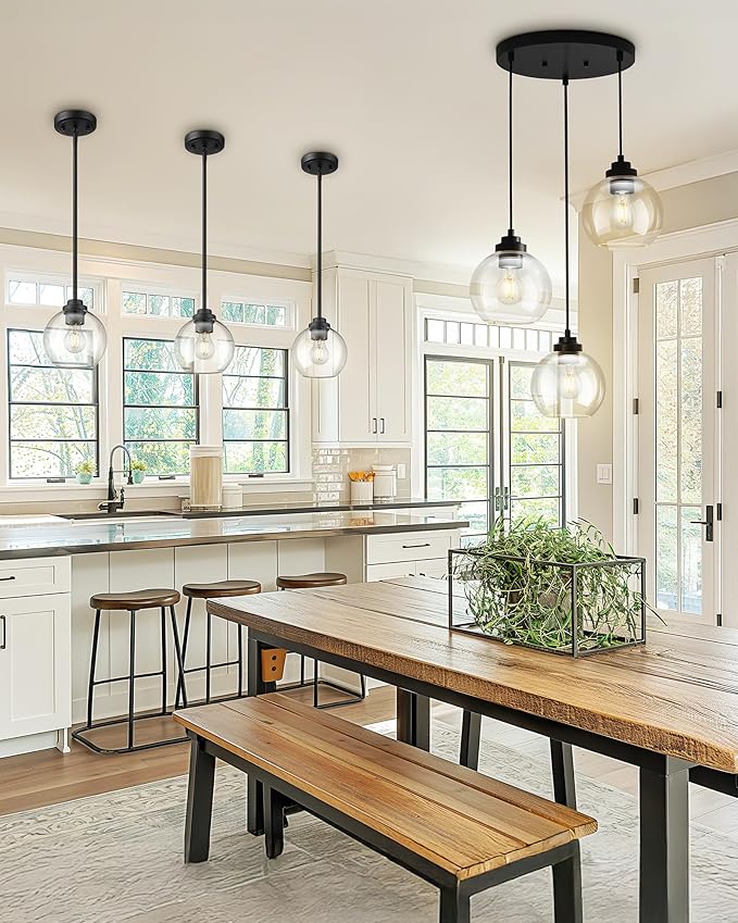 3-Light Black Pendant Light Fixture, Globe Cluster Hanging Light, Kitchen Island Lighting with Clear Glass for Dining Room Living Room Laundry Entrance Foyer, ZCPL101BK-3C