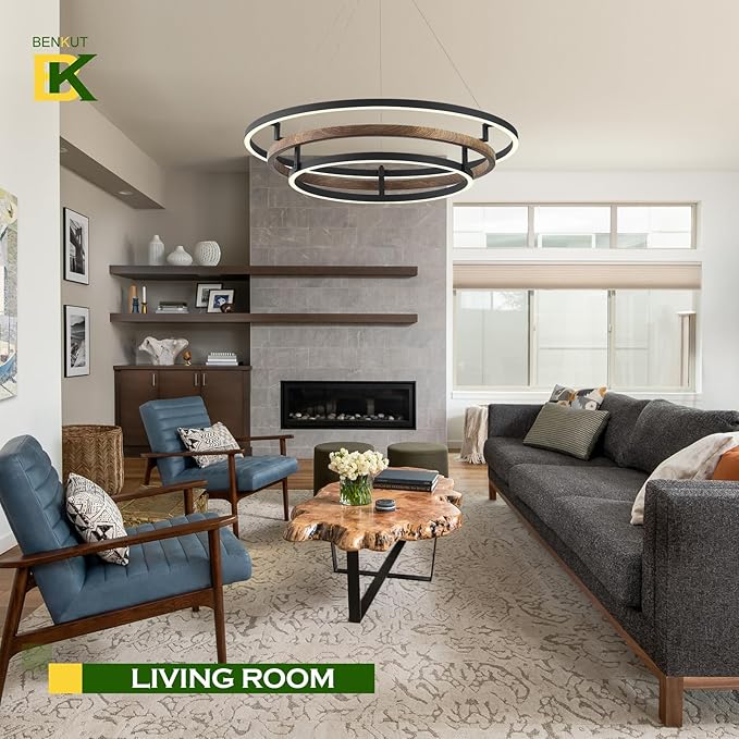 3 Rings Modern LED Chandelier Black Dimmable Circular Pendant Light for Dining Room, Foyer Chandelier with Remote Control Flush Mount High Ceiling Light for Kitchen Living Room, D30.7In