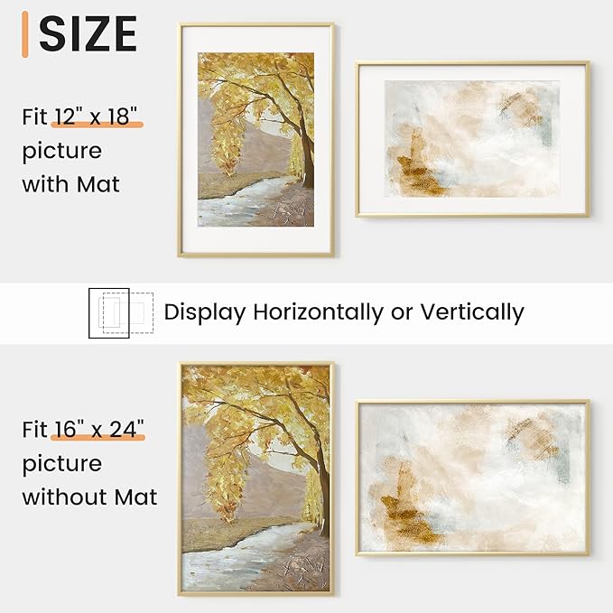 16x24 inch Metal Poster Frame - 16 x 24 Thin Aluminum Picture Frames Matted for 12x18 Photos, Artworks, Prints, Puzzle - High Definition Plexiglass - Vertical and Horizontal Display - Wall Hook Hanging Hardware Included - Gold, Set of 1