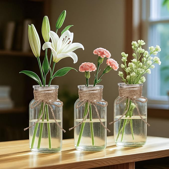 Vintage Glass Flower Vase Set of 8 Clear Vases with Hemp Rope for Farmhouse Wedding Centerpiece Cylinder Bottle for Reception Table Decoration Home Decor Floral Arrangements（Large）