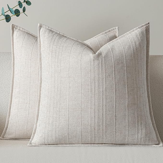 a moment Linen Pillow Covers Set of 2,Boho Farmhouse Throw Pillowcases Neutral Textured Decorative Covers for Couch Sofa, Soft Linen Blend Accent Case Cushion Living Room Home Decor 24"x24"Ivory