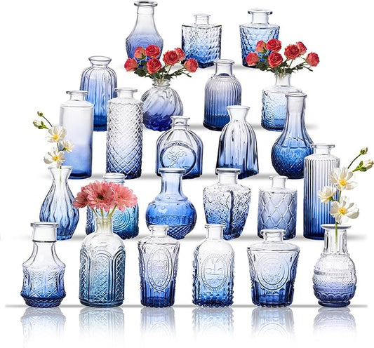 Glass Bud Vase Set of 24, Small Flower Vases, Glass Vases for Centerpieces, Vintage Home Table Decorations Bud Vases (24 Pcs, Blue)