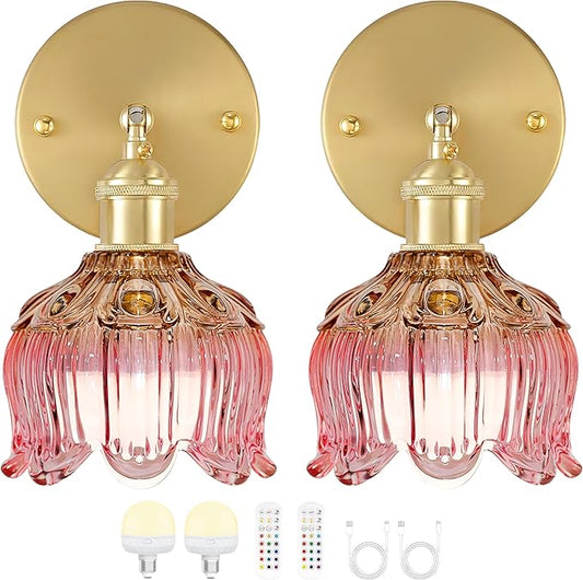 Vintage Battery Operated Wall Sconce with Flower lampshade,Rechargeable Battery Powered Wall Lights,Wall lamp with 15 Colors for Bedroom Living Room Home Decor (Flower Pink, 2 Light Battery Operated)