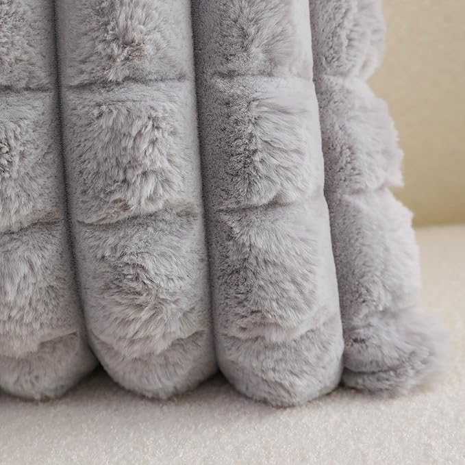 Neelvin Grey Faux Fur Cozy Soft Plaid Decorative Throw Pillow Covers 24x24 inch Set of 2,Velvet Pillowcase Cushion Case for Sofa Couch