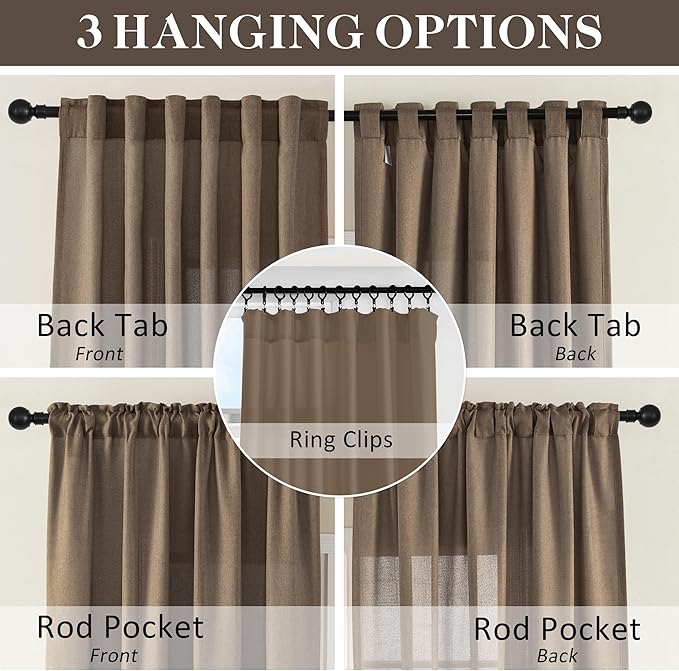 Natural Linen Blended Curtains - Back Tab Window Treatments Panels Drapes for Living Room/Bedroom, Light Filtering Semi Sheer (Set of 2, 50" x 84", Brown)