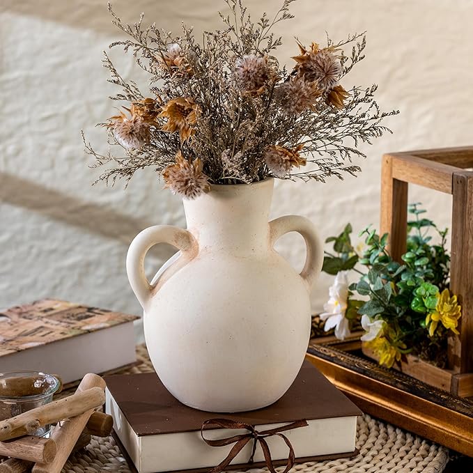 Rustic Ceramic Farmhouse Flower Vase with 2 Handles, Whitewashed Terra Cotta Vase, Decorative Pottery Flower for Home Decor, Table, Living Room, Shelf Decor, 7.3 Inch, White