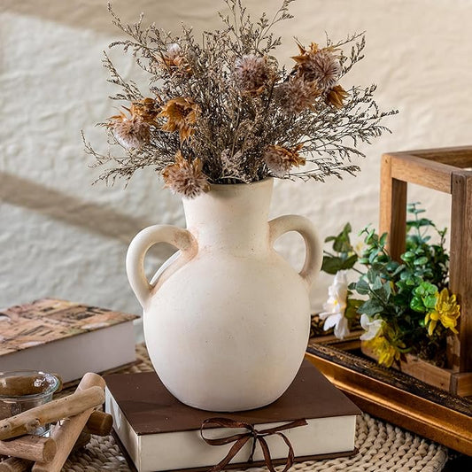 Rustic Ceramic Farmhouse Flower Vase with 2 Handles, Whitewashed Terra Cotta Vase, Decorative Pottery Flower for Home Decor, Table, Living Room, Shelf Decor, 7.3 Inch, White