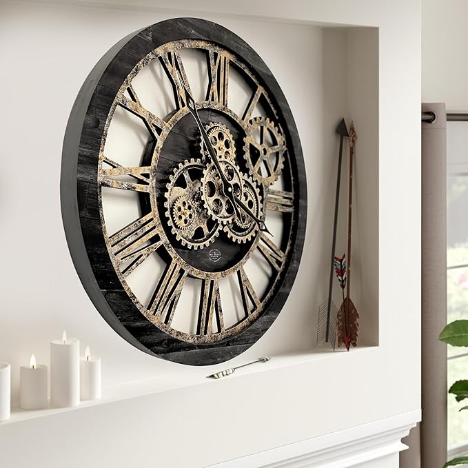 ImprovingLife The Gears Clock The Original Real Moving Gear Wall Clock Vintage Industrial Oversized Rustic Farmhouse (24 inch (60cm), Vintage Black Wood and Bronze)