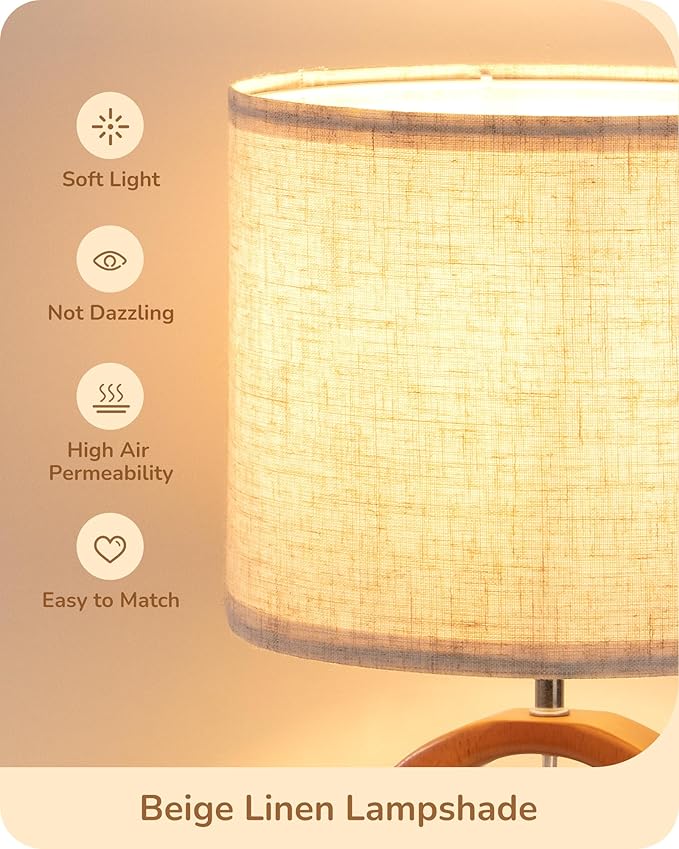 EDISHINE 13.4" Small Table Lamp, Wood Nightstand Lamp with Beige Linen Lampshade & ON-Off Switch, E26 Base, Boho Bedside Lamp for Living Room, Bedroom, Dark Pearwood