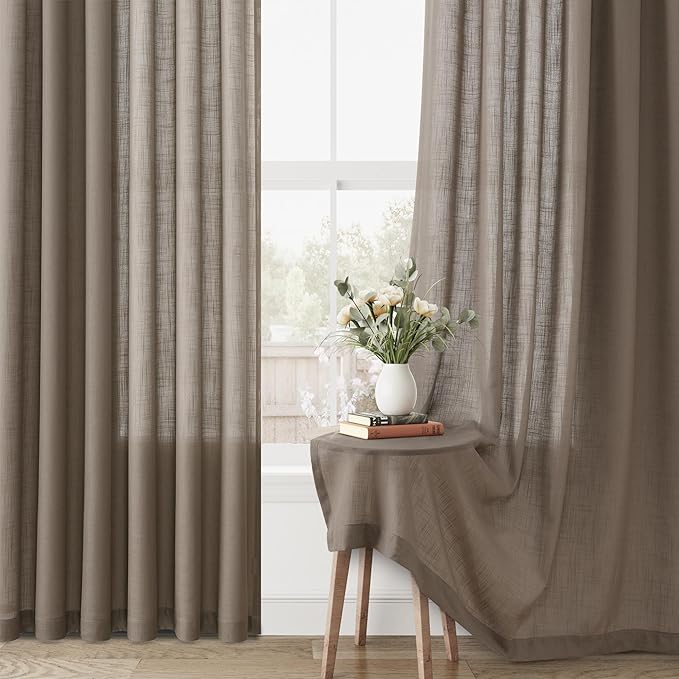 Guken Taupe Grey Linen Curtains 108 Inch Length for Living Room Bedroom 2 Panels Set Rod Pocket Light Filtering Semi Sheer Window Curtains 52 Inch Width Boho Farmhouse Linen Drapes, W52xL108