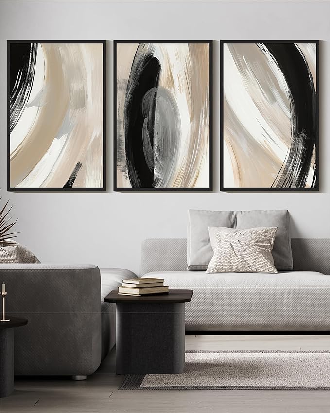 KUVIOKE Modern Abstract Framed Wall Art Black Neutral Minimalist Ink and Wash Graffiti Pastel Wall Decor for Bedroom Living Room 16x24in (Black Framed)