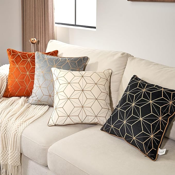 Aeckself White Gold Plaid Geometric Throw Pillow Cover 18x18 Inch, Soft Velvet Embroidery Modern Square Decorative Pillow Cover with Stitched Edge for Couch Living Room Bedroom