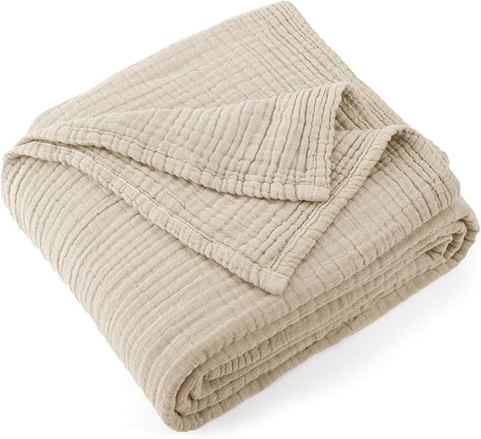 Carriediosa 100% Cotton Muslin Throw Blanket 66" X 90" Twin XL Size，4-Layers Summer Gauze Throws for Bed Couch，Soft Lightweight Breathable Linen Blankets Bedspread for Adults All Season，Khaki