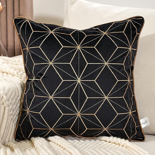Aeckself Black Velvet Pillow Cover 16 x 16 Inch, Luxury Modern Square Gold Plaid Geometric Embroidery Decorative Throw Pillow Cover for Couch Living Room Bedroom