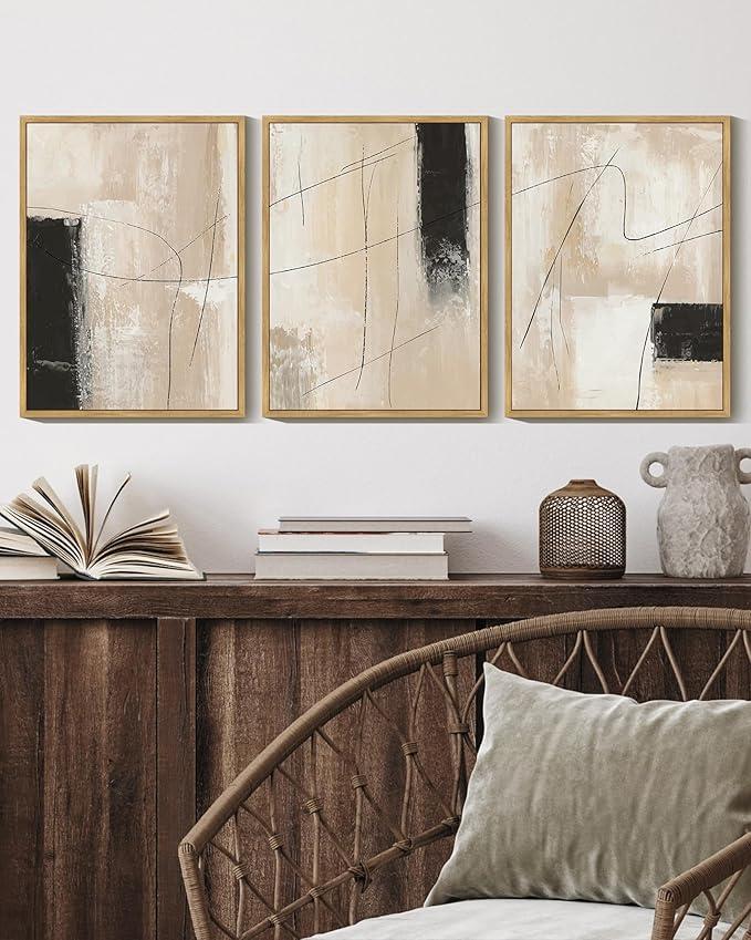 KUVIOKE Abstract Framed Wall Art Minimalist Beige Pastel Watercolor Neutral Wall Decor Modern Black Line Art Painting Home Decor 11x14in (Natural Framed)