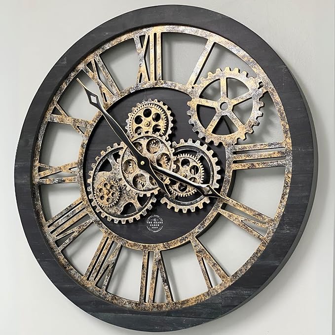 ImprovingLife The Gears Clock The Original Real Moving Gear Wall Clock Vintage Industrial Oversized Rustic Farmhouse (24 inch (60cm), Vintage Black Wood and Bronze)