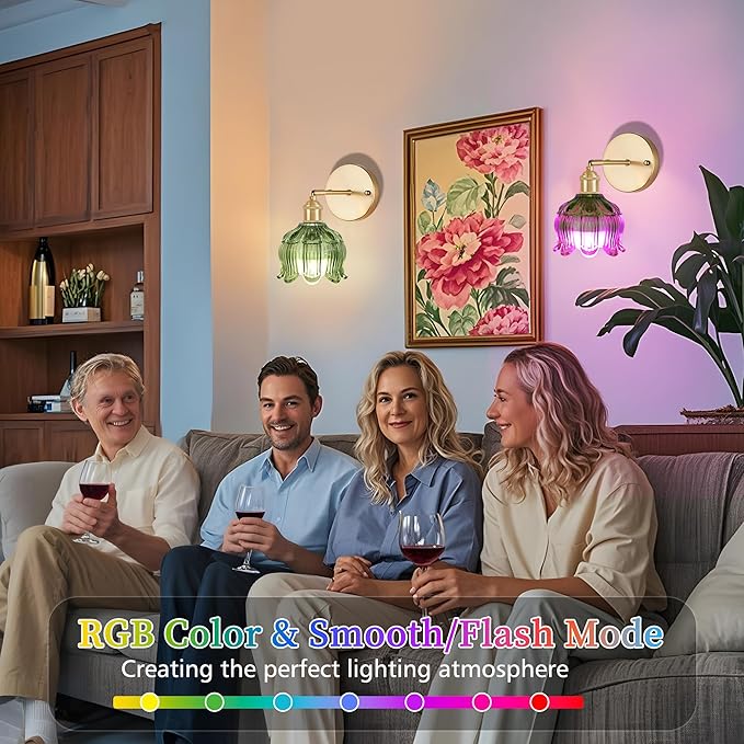 Vintage Battery Operated Wall Sconce with Remote Control,Wall Lamp with Flower lampshade,Rechargeable Battery Powered Wall Lights with 15 Colors for Beside Bedroom Living Room Doorway,Set of 2