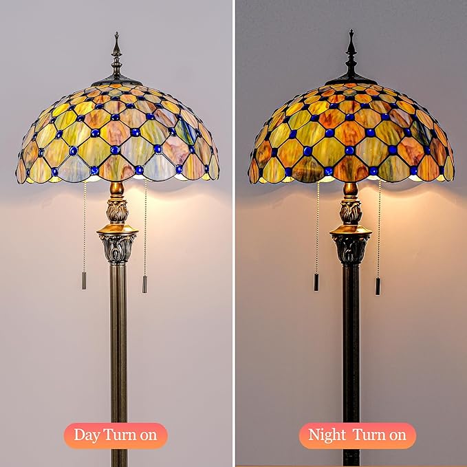 Tiffany Floor Lamp Stained Glass Pearls Beads Standing Reading Light 16x16x64 Inch Retro Inspired Pole Corner Lighting Art Decor for Bedroom Living Room Home Office (Gradient Green)