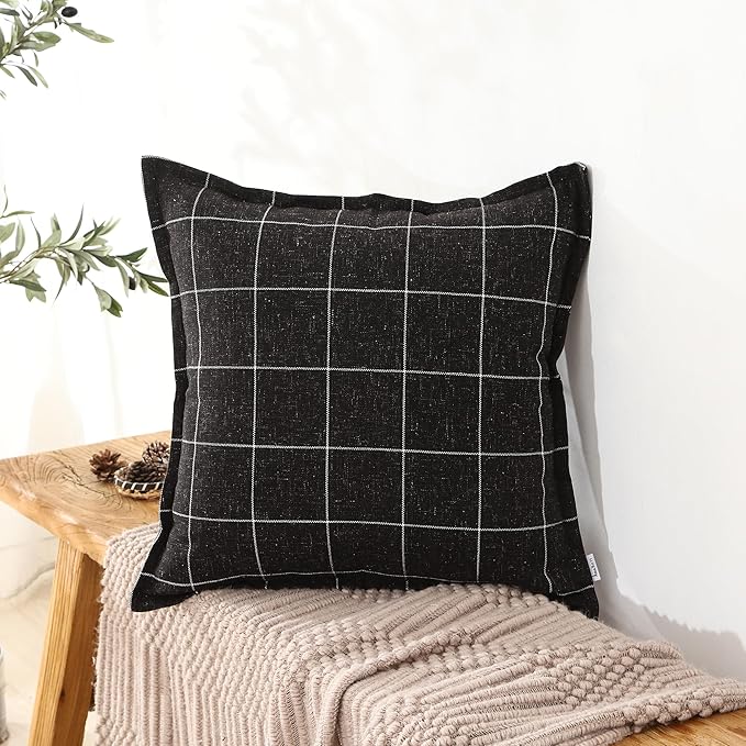 Plaid Pillow Black and White Plaid Boho Farmhouse Linen Throw Pillow Covers Set of 2, 16x16 Inches, Black