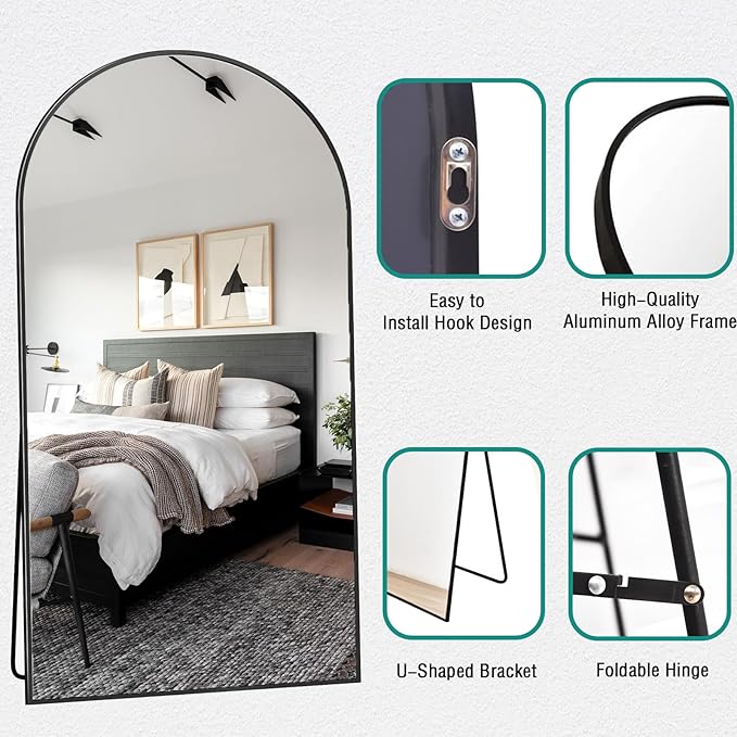 TinyTimes 78''x38'' Oversized Full Length Mirrors, Arched Floor Mirror with Stand, Full Body Large Standing Mirror/Leaning/Hanging Wall Mounted for Living Room, Bedroom, Black
