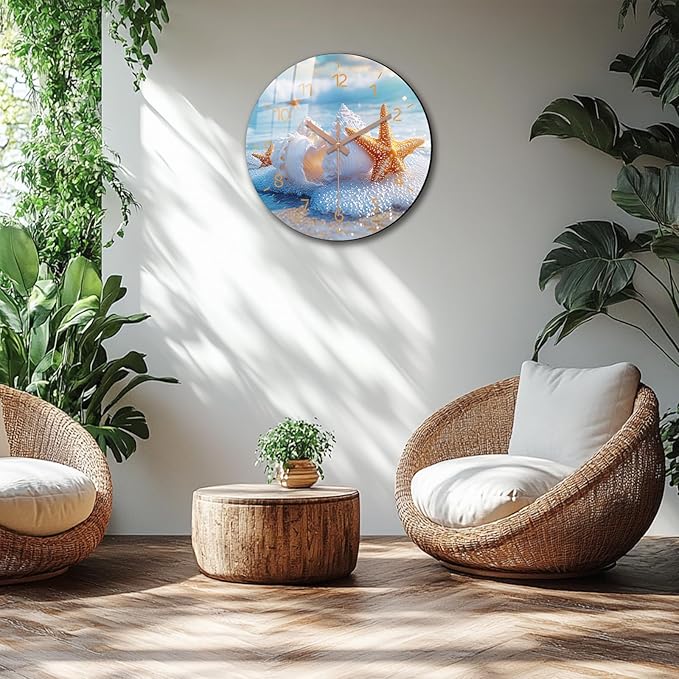 Large Coastal Wall Clock 16 inch Modern Beach Wall Clock Wooden Silent Analog Clock for Office, Living Room Decor Battery Operated