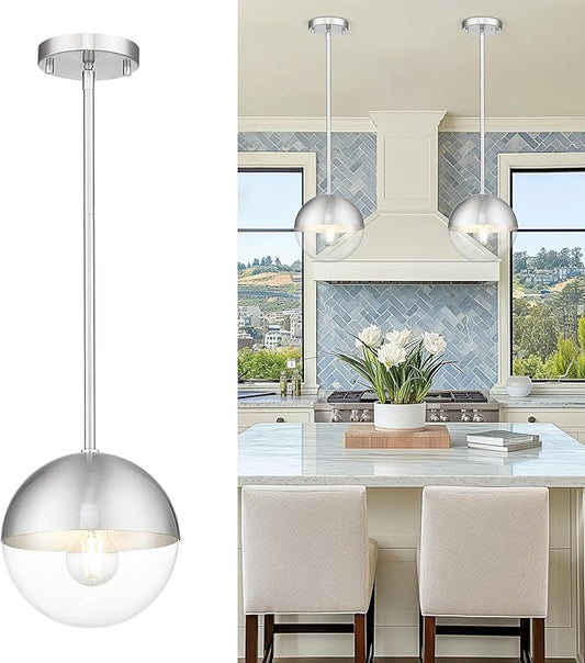 LMS Modern 1-Light Pendant Light Fixtures, Brushed Nickel Kitchen Island Pendant Light Fixtures with Clear Globe Glass, Adjustable Hanging Rod Ceiling Light for Dining Room Bathroom, LMS-186BNC