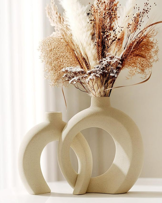 Embrace Donut Vase for Decor, Set of 2 - Modern Design, Boho Style, Beige Natural Ceramic, Decorative Vases for Flower - Home Decor Aesthetic — 7.2" X 8.9" H (Matte Cream White)