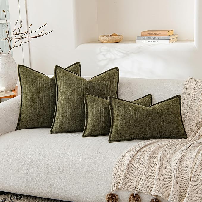 a moment Linen Pillow Covers Set of 2,Boho Farmhouse Throw Pillowcases Neutral Textured Decorative Covers for Couch Sofa,Soft Linen Blend Accent Case Cushion Living Room Home Decor 26"x26"Dark Green