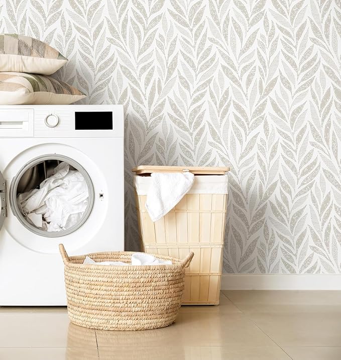 Safiyya 787"x17.3" Boho Peel and Stick Wallpaper Beige and White Wallpaper Leaf Self Adhesive Removable Wall Paper for Bathroom Bedroom Contact Paper for Walls Vinyl Roll