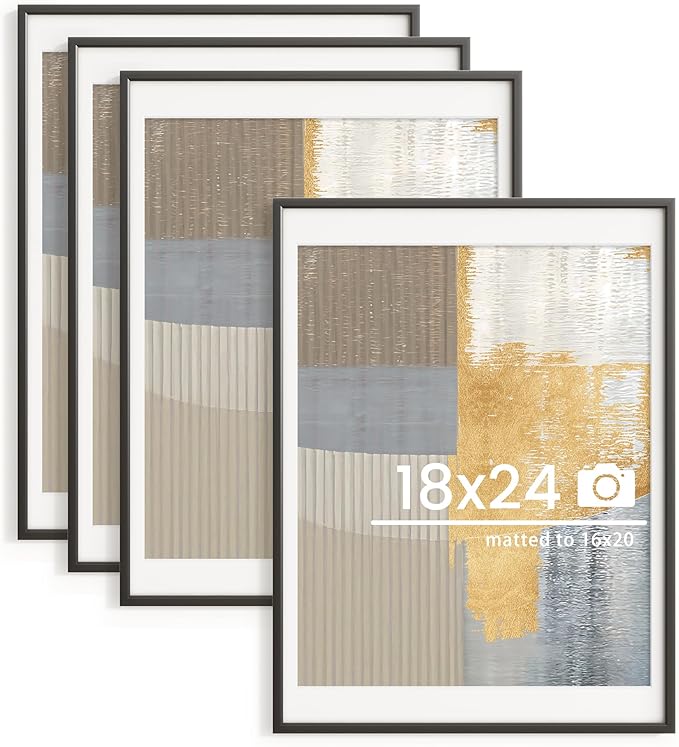 18x24 inch Metal Poster Frame - 18 x 24 Thin Aluminum Picture Frames Matted for 16x20 Photos, Artworks, Prints, Puzzle - High Definition Plexiglass - Vertical and Horizontal Display - Wall Hook Hanging Hardware Included - Black, 4 Pack