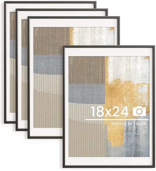 18x24 inch Metal Poster Frame - 18 x 24 Thin Aluminum Picture Frames Matted for 16x20 Photos, Artworks, Prints, Puzzle - High Definition Plexiglass - Vertical and Horizontal Display - Wall Hook Hanging Hardware Included - Black, 4 Pack