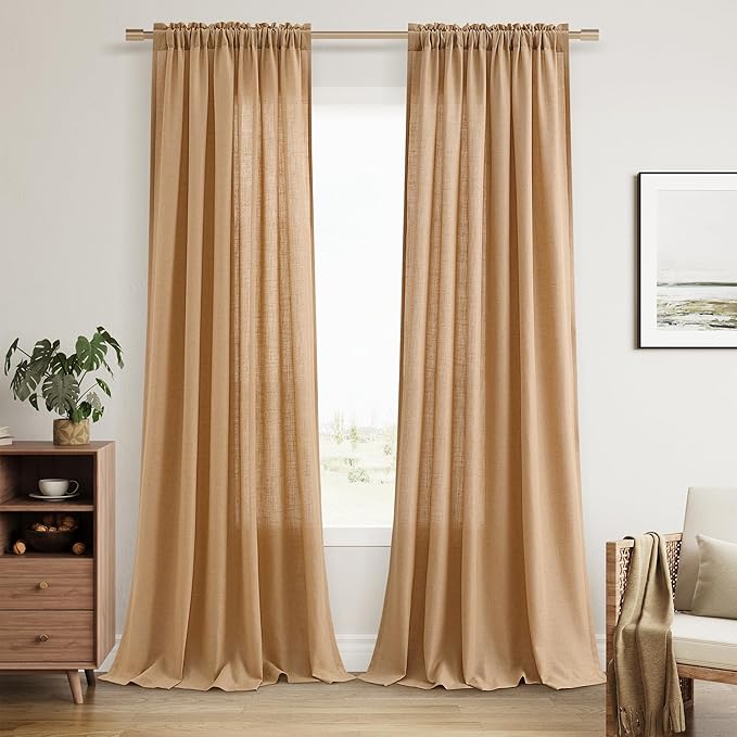 Guken Camel Brown Linen Curtains 108 Inches Long 2 Panel Set Rod Pocket Semi Sheer Dining Room Cozy Bedroom Decor Cotton Look Country Rustic Farmhouse Boho Curtains 52x108
