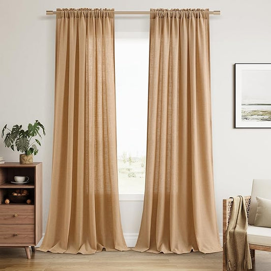 Guken Camel Brown Linen Curtains 108 Inches Long 2 Panel Set Rod Pocket Semi Sheer Dining Room Cozy Bedroom Decor Cotton Look Country Rustic Farmhouse Boho Curtains 52x108