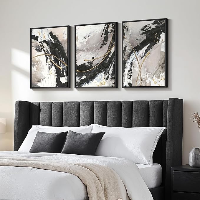 Framed Black and White Abstract Wall Art for Living Room, 3 Piece Modern Canvas Prints Artwork for Walls, Minimalist Gold Lines Painting Wall Decor, Bedroom, Kitchen, Hallway, Office, 16" x 24"