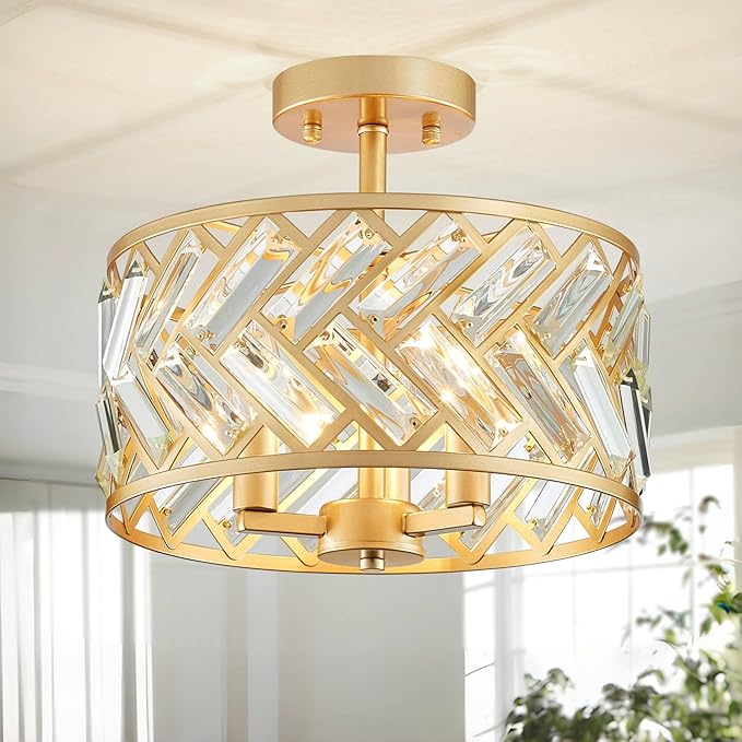 Shrine Lighting Crystal Ceiling Light, Gold Crystal Chandelier for Living Room, D12.4'' x H11.2'', E12*3 Sockets, Ctystal Lampshade & Gold Finish Frame