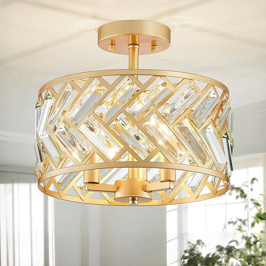 Shrine Lighting Crystal Ceiling Light, Gold Crystal Chandelier for Living Room, D12.4'' x H11.2'', E12*3 Sockets, Ctystal Lampshade & Gold Finish Frame