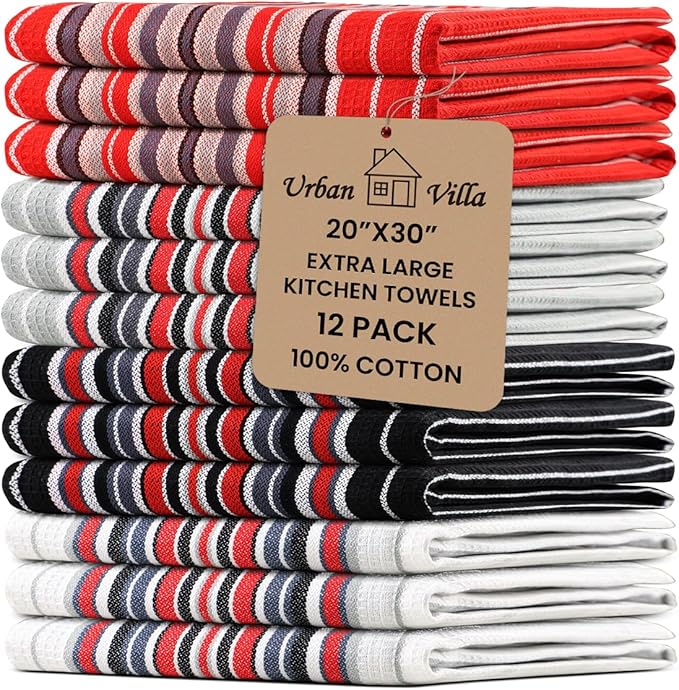 Urban Villa Kitchen Towels (20x30 Inches 12 Pack) Extra Large Premium Salsa Stripes Dish Towels for Kitchen Dish Cloths Highly Absorbent 100% Cotton Kitchen Hand Towels with Hanging Loop Tea Towels