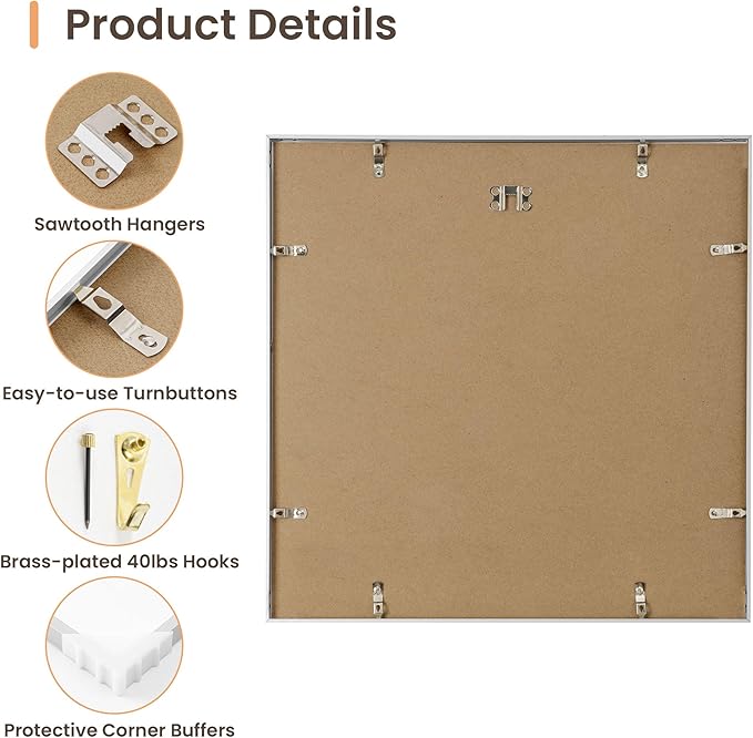 Aluminum 16x16 Picture Frame Silver, Metal Photo Frames with Mat for 12x12 Photo or Without Mat for 16x16 Photo, Metal Poster Frame Sawtooth Hanger for Easy Wall Display, set of 1