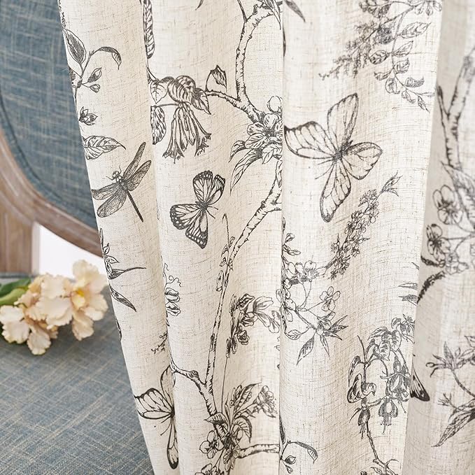 Lazzzy Linen Black Floral Curtains 90 Inch Length Farmhouse Curtain Back Tab Drapes for Living Room Bedroom Light Filtering Vintage Rod Pocket Curtains, 2 Panels, Black on Beige