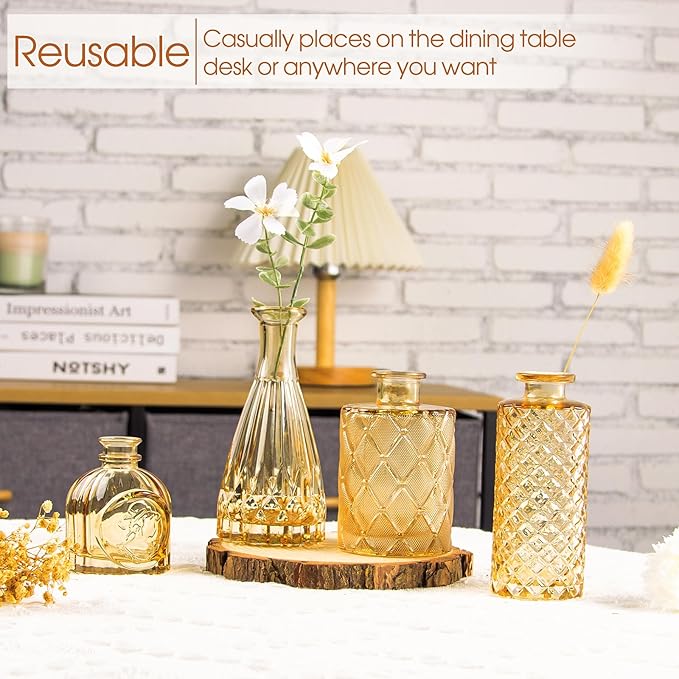 Gold Amber Glass Bud Vases Set of 12, Small Vases for Flowers, Champagne Mini Vintage Vases for Centerpieces,Bud Vase in Bulk for Wedding Decor,Single Flowers,Office and Home Table Flower Décor