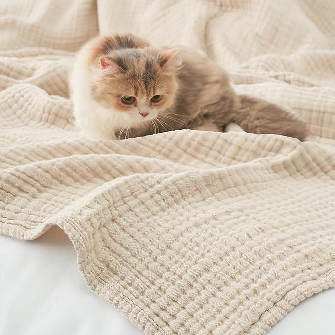 Carriediosa 100% Cotton Muslin Throw Blanket 70" X 80" Twin Size，4-Layers Summer Gauze Throws for Bed Couch，Soft Lightweight Breathable Linen Blankets Bedspread for Adults All Season，Khaki