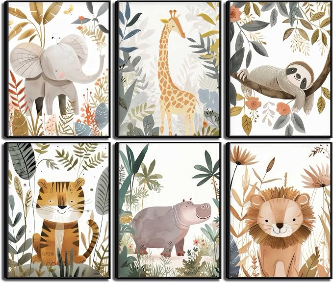 6Pcs Boho Baby Animals Wall Art Jungle Safari Canvas Paintings Cute Giraffe Elephant Lion Wall Decor Prints Inspirational Forest Animals Posters Pictures for Nursery kids Boys Bedroom Unframed