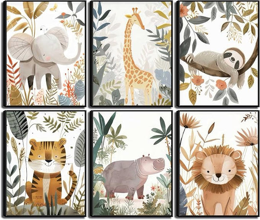 6Pcs Boho Baby Animals Wall Art Jungle Safari Canvas Paintings Cute Giraffe Elephant Lion Wall Decor Prints Inspirational Forest Animals Posters Pictures for Nursery kids Boys Bedroom Unframed
