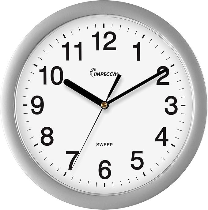 Impecca Silent Wall Clock Non Ticking 10 inch Excellent Accurate Sweep Movement Plastic Frame, Decorative for Kitchen, Living Room, Bedroom, Bathroom, Bedroom, Office, Silver