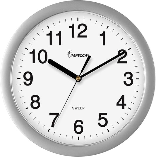Impecca Silent Wall Clock Non Ticking 10 inch Excellent Accurate Sweep Movement Plastic Frame, Decorative for Kitchen, Living Room, Bedroom, Bathroom, Bedroom, Office, Silver